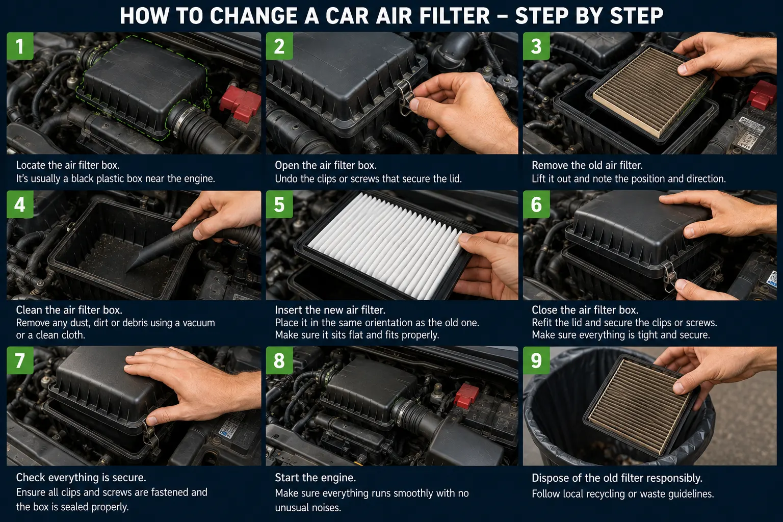 How to change a car air filter - step by step infographic showing all 9 steps from locating the air filter box to disposing of the old filter