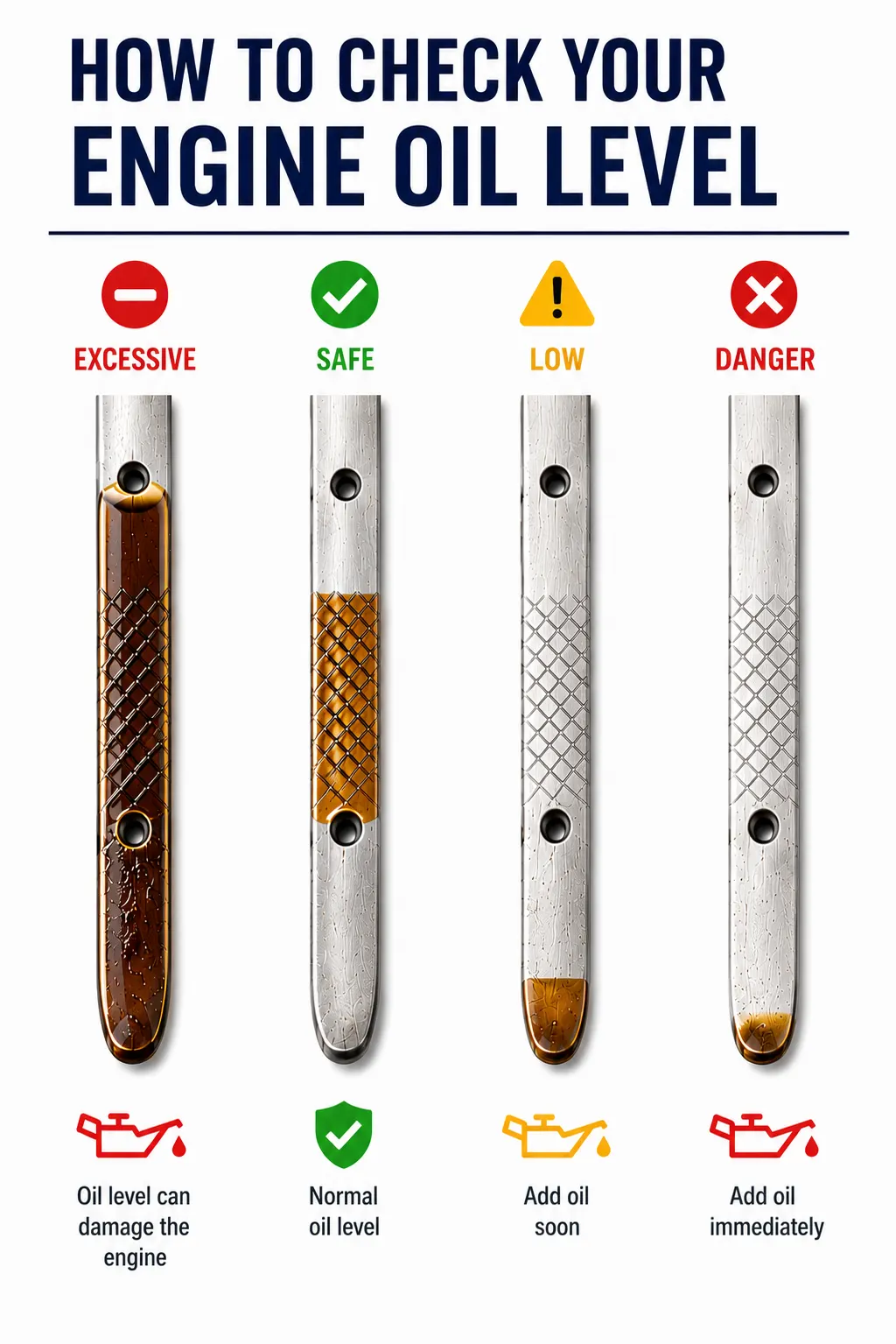 Infographic showing how to check your engine oil level: excessive, safe, low and danger dipstick readings